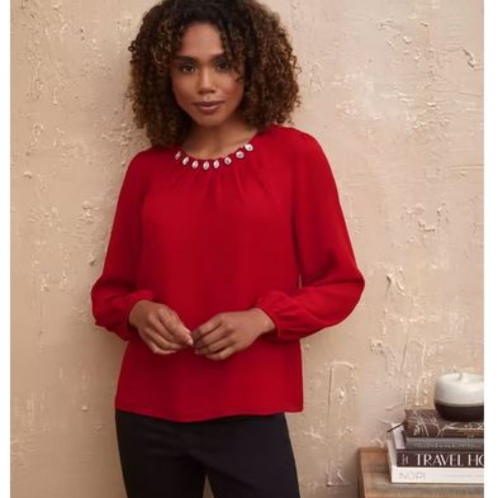 LAURA (petites):  Rhinestone Detail Blouse - red